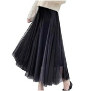 Mnyycxen Women Tulle Skirts Elastic Waist Pleated Tutu Skirts Double Layer Lining All-Match Wedding Midi Skirt