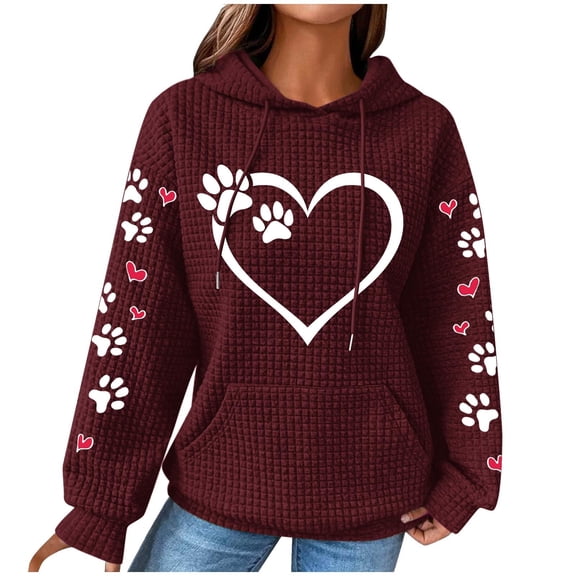 Mnyycxen Women Waffle Hoodies Cute Dog Paw Pattern Printed Long Sleeve Pullover Drawstring Kangaroo Pocket Sweatshirt