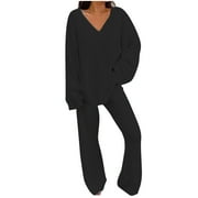 Mnyycxen Women's 2 Piece Fuzzy Fleece Lounge Sets Long Sleeve V Neck Top Wide Leg Pants Solid Color Sweatsuit Sets