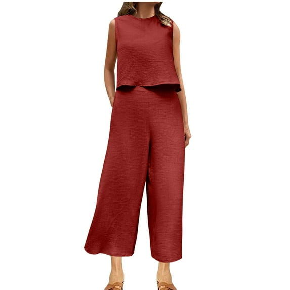 Mnyycxen Women's 2 Piece Outfits Sleeveless Crop Top Capri Wide Leg Pants Jumpsuit Linen Lounge Beach Travel Sets