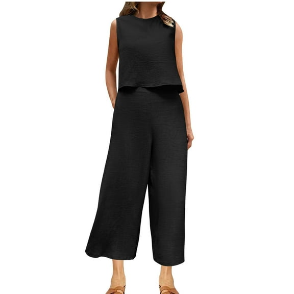 Mnyycxen Women's 2 Piece Outfits Sleeveless Crop Top Capri Wide Leg Pants Jumpsuit Linen Lounge Beach Travel Sets