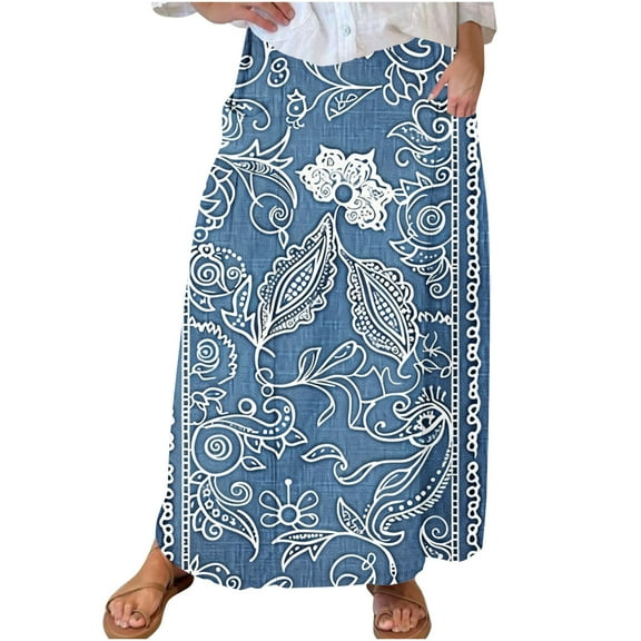 Mnyycxen Women's Boho Retro Ptinted Denim Skirts Elastic High Waist A-line Maxi Skirt Block Color Pleated Skirt with Pockets