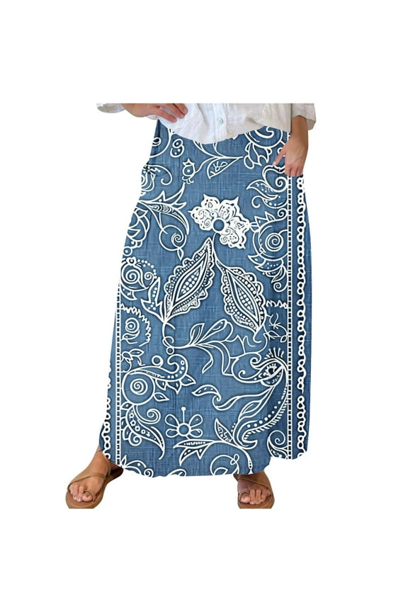 Women's Boho Retro Ptinted Denim Skirts Elastic High Waist A-line Maxi Skirt Block Color Pleated Skirt with Pockets