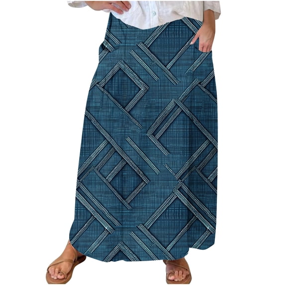 Mnyycxen Women's Boho Retro Ptinted Denim Skirts Elastic High Waist A-line Maxi Skirt Block Color Pleated Skirt with Pockets
