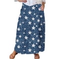 thumbnail image 1 of Mnyycxen Women's Boho Retro Ptinted Denim Skirts Elastic High Waist A-line Maxi Skirt Block Color Pleated Skirt with Pockets, 1 of 5