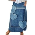 thumbnail image 1 of Mnyycxen Women's Boho Retro Ptinted Denim Skirts Elastic High Waist A-line Maxi Skirt Block Color Pleated Skirt with Pockets, 1 of 5