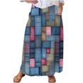 thumbnail image 1 of Mnyycxen Women's Boho Retro Ptinted Denim Skirts Elastic High Waist A-line Maxi Skirt Block Color Pleated Skirt with Pockets, 1 of 5