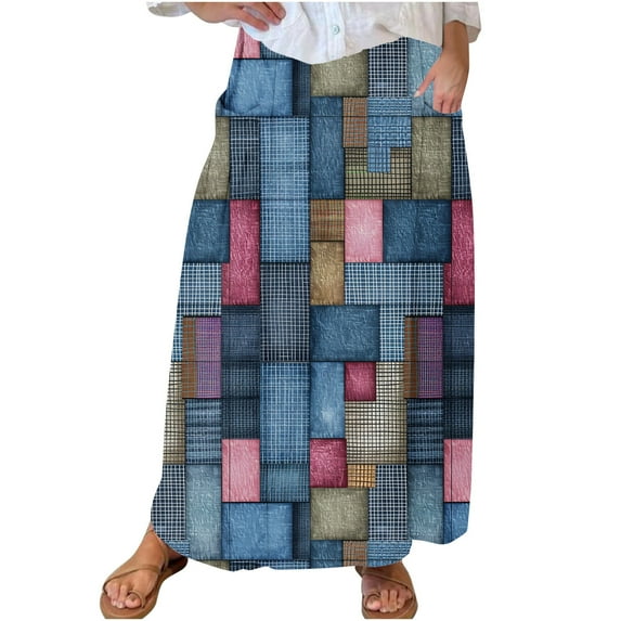 Mnyycxen Women's Boho Retro Ptinted Denim Skirts Elastic High Waist A-line Maxi Skirt Block Color Pleated Skirt with Pockets
