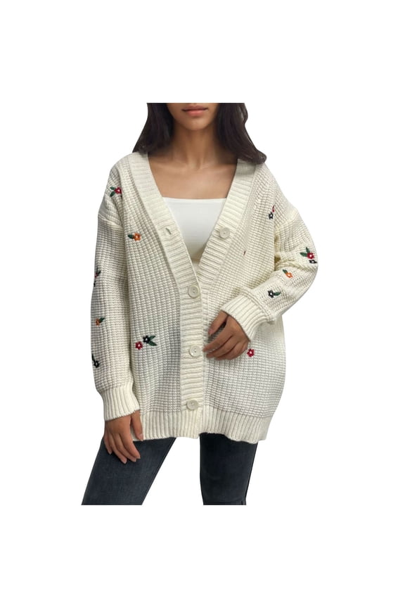 Women's Chunky Knit Floral Embroidery Cardigan Button Up Long Sleeve Sweater Causel Loose Fit Y2k Korean Tops