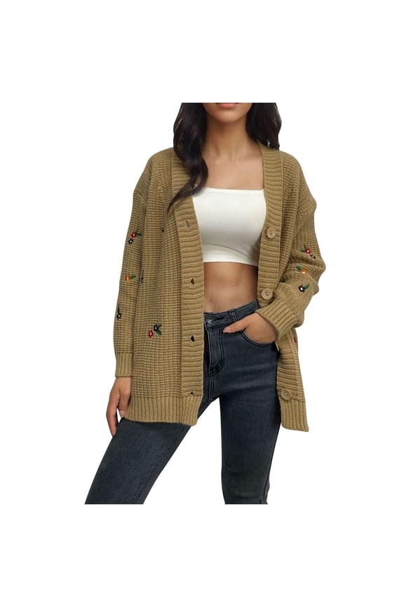 Women's Chunky Knit Floral Embroidery Cardigan Button Up Long Sleeve Sweater Causel Loose Fit Y2k Korean Tops