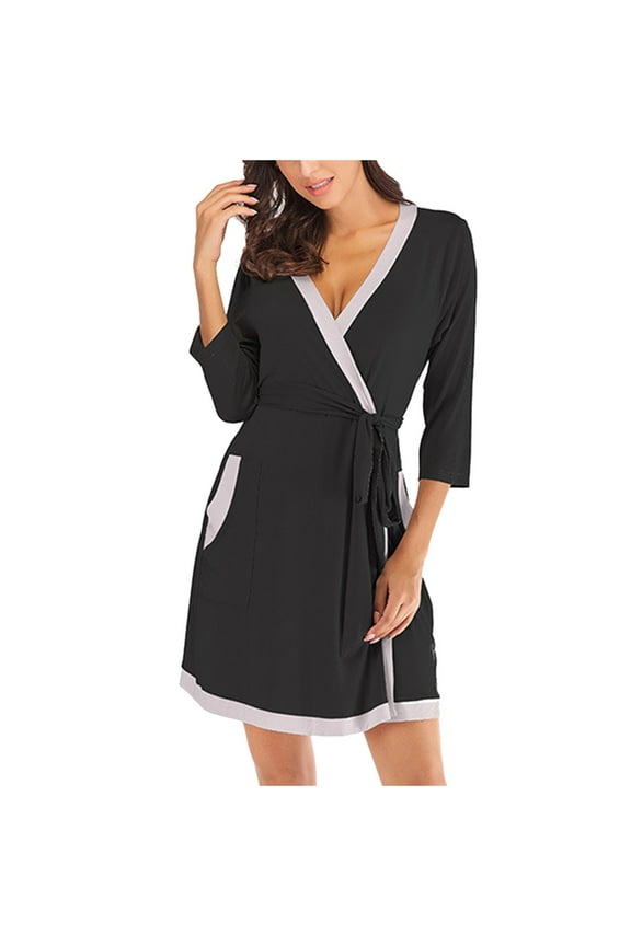 Women's Cotton Short Robes 3/4 Length Sleeve Color Block Wrap Sleepwear Soft Comfortable Loungewear with Pockets
