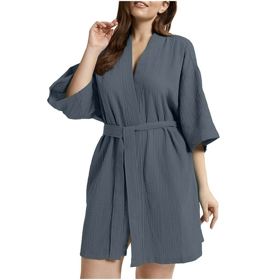 Mnyycxen Women's Cotton Short Robes Half Sleeve Lightweight Kimono Robe Soft Spa Bathrobe Sleepwear with Belt