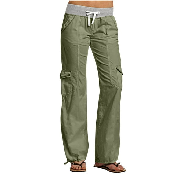 Mnyycxen Women's Cotton Straight Leg Cargo Pants Casual Low Rise Elastic Drawstring Parachute Pants with Pockets