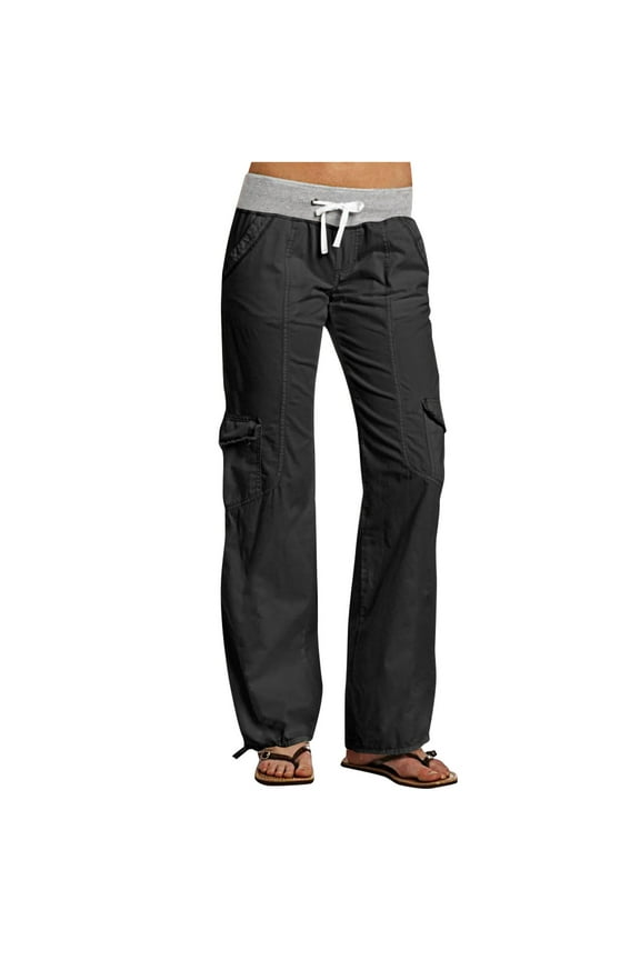 Women's Cotton Straight Leg Cargo Pants Casual Low Rise Elastic Drawstring Parachute Pants with Pockets