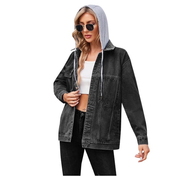 Mnyycxen Women's Detachable Hoodie Denim Jacket Button Down Long Sleeve Vintage Casual Pacthwork Coat with Pockets