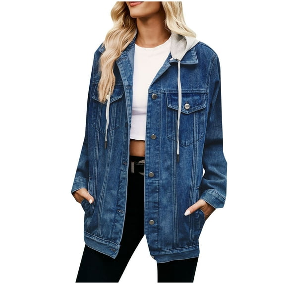 Mnyycxen Women's Detachable Hoodie Denim Jacket Button Down Long Sleeve Vintage Casual Pacthwork Coat with Pockets