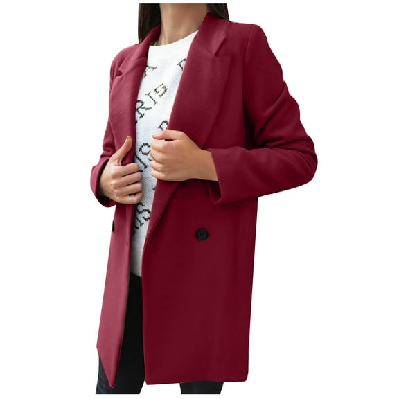Mnyycxen Women's Double Breasted Blazer Jackets Long Sleeve Notched Lapel Mid Long Jacket Solid Open Front Coats