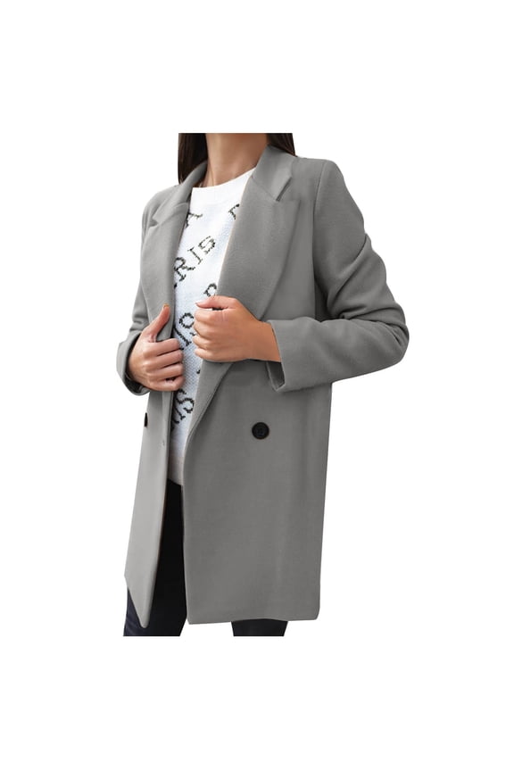 Women's Double Breasted Blazer Jackets Long Sleeve Notched Lapel Mid Long Jacket Solid Open Front Coats