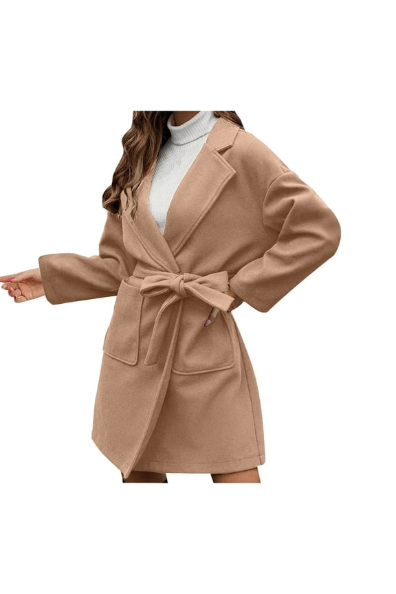 Women's Double Face Wool Wrap Trench Coat Open Front Knit Lapel Cardigan Long Sleeve Tie Belt Overcoats