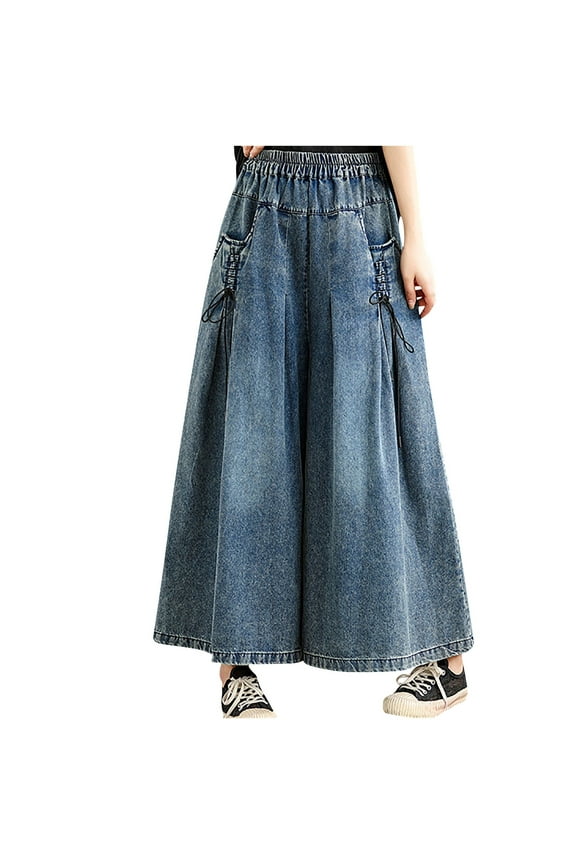 Women's Flare Wide Leg Denim Pants Elastic High Waist Pleated Jeans Pants Skirt Retro Causel Pants with Pockets