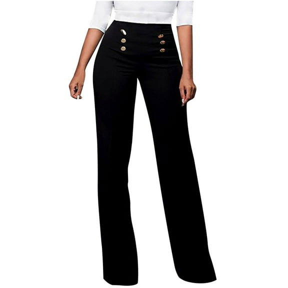 Mnyycxen Women's High Waisted Work Pants Button Straight Leg Slim Fit Slacks Solid Business Office Dress Trousers