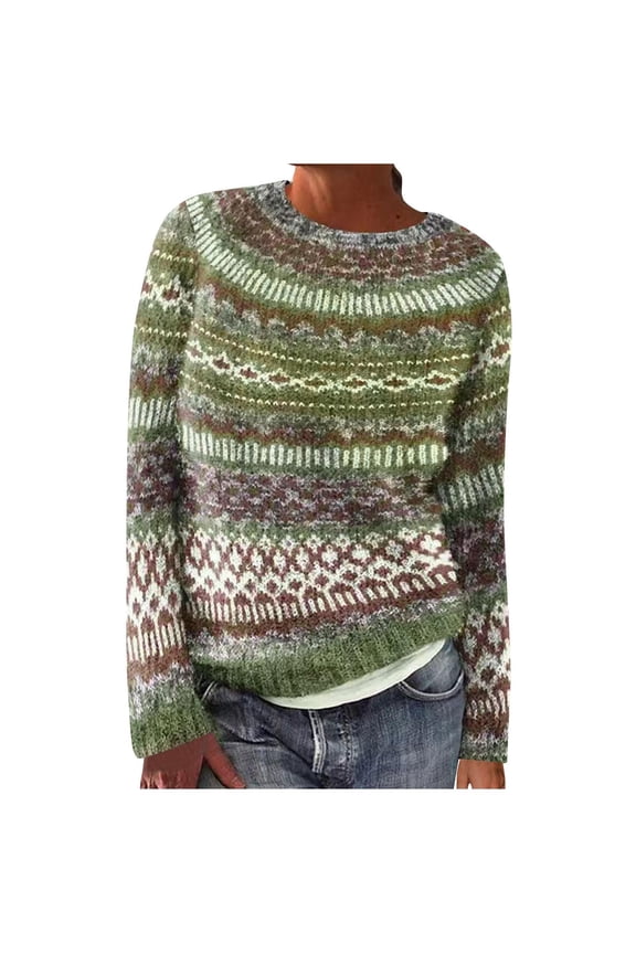 Women's Knitted Fair Isle Print Retro Sweater Crewneck Long Sleeve Pullover Tops Casual Loose Tops