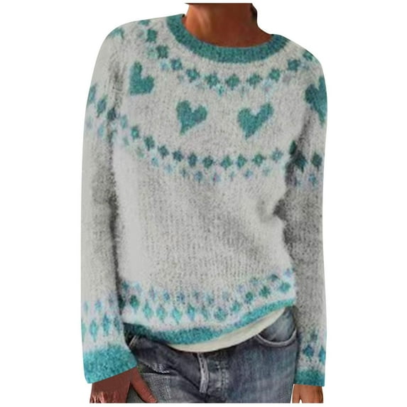 Mnyycxen Women's Knitted Fair Isle Print Retro Sweater Crewneck Long Sleeve Pullover Tops Casual Loose Tops
