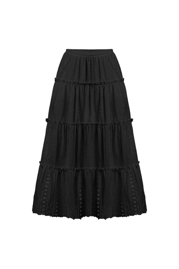Women's Lace Embroidery Eyelet Skirts High Elastic Waisted Tiered A-Line Maxi Skirt Flowy Swing Boho Skirts