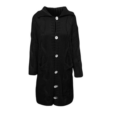 Mnyycxen Women's Long Cardigan Sweater Cable Knit Button Down Long Sleeve Coats Solid Stand Collar Loose Sweater with Pockets