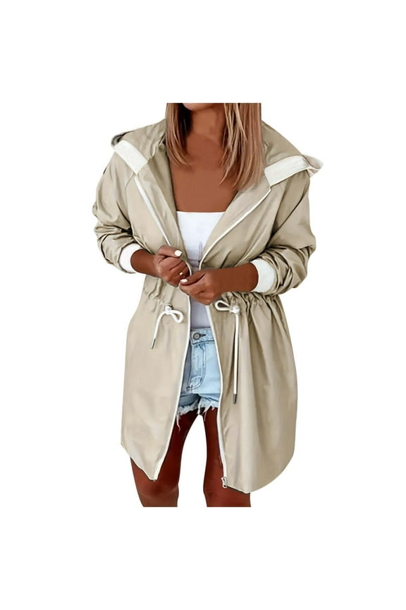 Women's Midi-Length Trench coat Drawstring Elastic Waist Zip Up Hooded Coats Waterproof Lightweight Jacket with Pockets