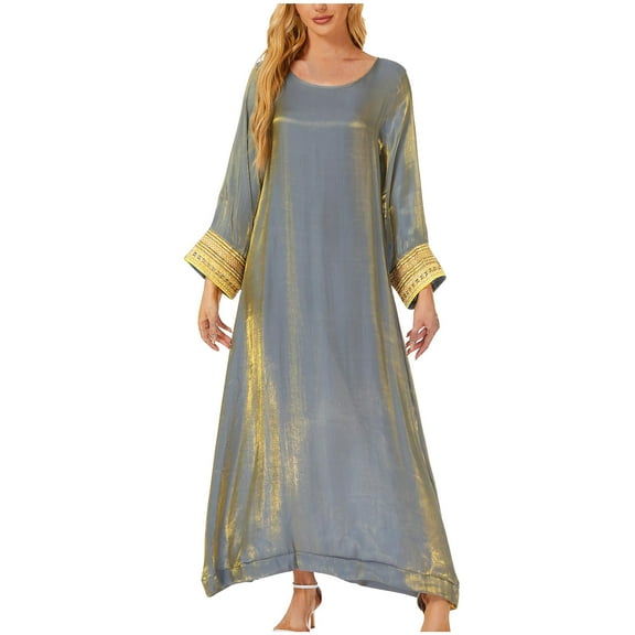 Mnyycxen Women's Muslim Long Kaftan Abaya Long Sleeve Embroidered Crewneck Maxi Dresses Causel Loose Flowy Tent Dress