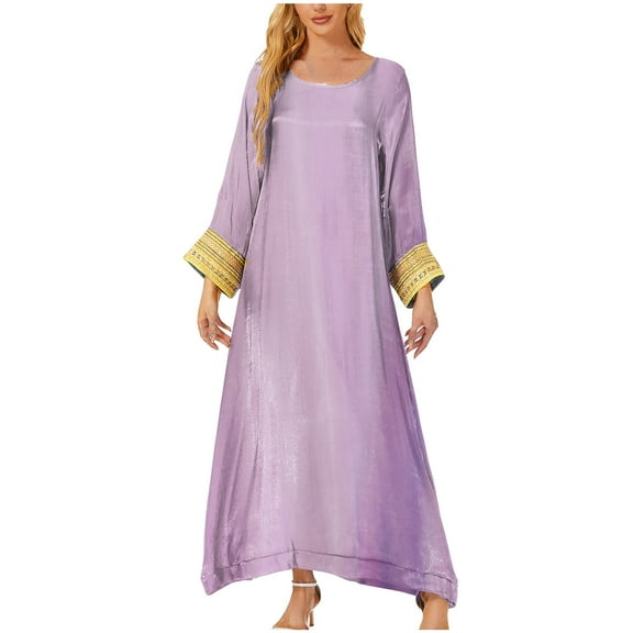 Mnyycxen Women's Muslim Long Kaftan Abaya Long Sleeve Embroidered Crewneck Maxi Dresses Causel Loose Flowy Tent Dress