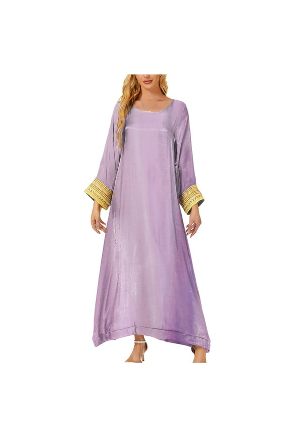 Women's Muslim Long Kaftan Abaya Long Sleeve Embroidered Crewneck Maxi Dresses Causel Loose Flowy Tent Dress