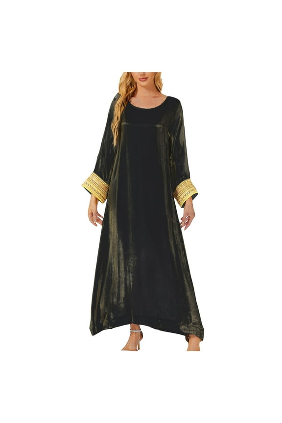 Women's Muslim Long Kaftan Abaya Long Sleeve Embroidered Crewneck Maxi Dresses Causel Loose Flowy Tent Dress