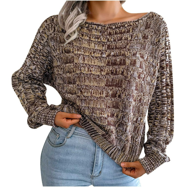 Round Neck Long Sleeve Pull Over Off-Shoulder Knit Sweater
