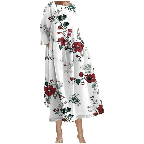 Mnyycxen Women's Personalized Printed Dresses Long Sleeve Round Neck Pockets Midi Dress Pleated Causel Dresses