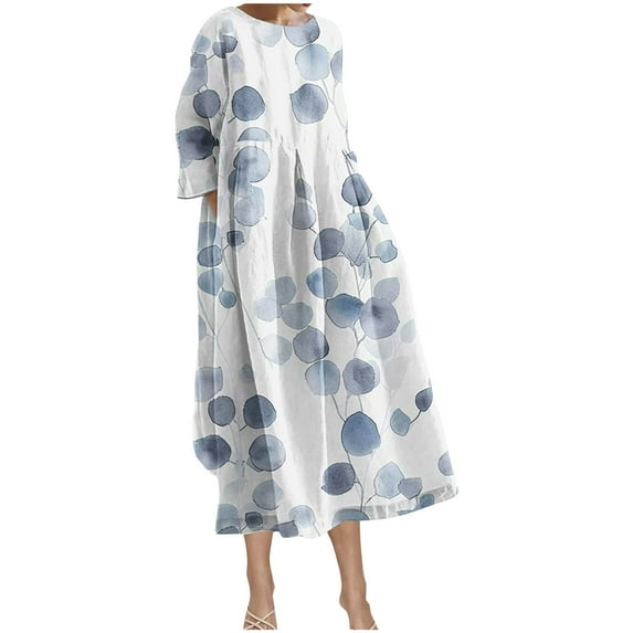 Mnyycxen Women's Personalized Printed Dresses Long Sleeve Round Neck Pockets Midi Dress Pleated Causel Dresses