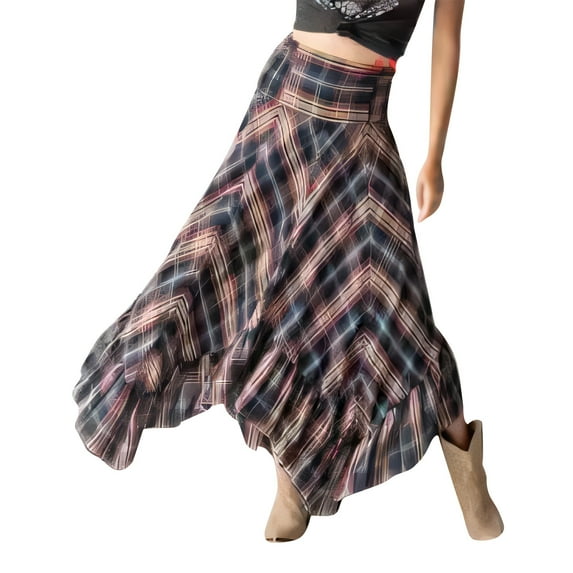 Mnyycxen Women's Plaid Skirts High Waisted Asymmetrical Hem Ruffle Long Maxi Skirt A Line Irregular Vintage Y2K Skirt