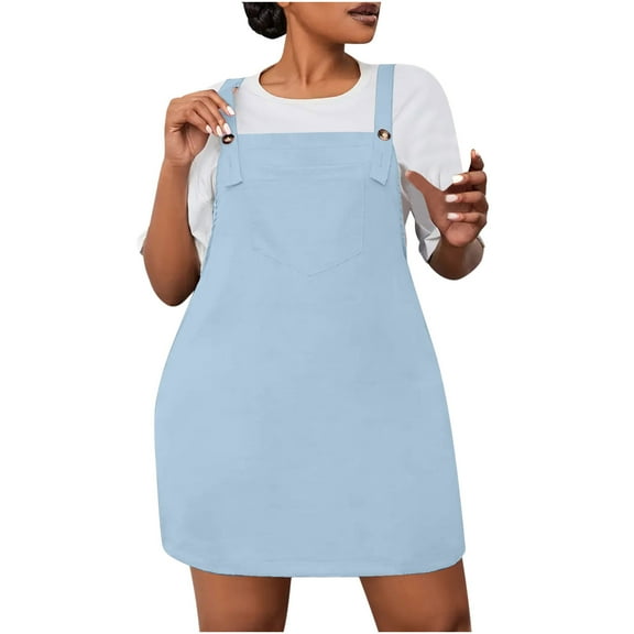 Mnyycxen Women's Plus Size Bib Overall Short Jumper Dress Adjustable Straps Suspender Pinafore Dresses with Pockets