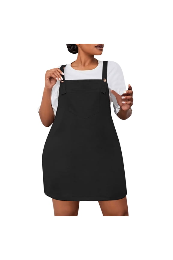 Women's Plus Size Bib Overall Short Jumper Dress Adjustable Straps Suspender Pinafore Dresses with Pockets