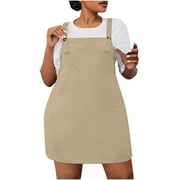 Mnyycxen Women's Plus Size Bib Overall Short Jumper Dress Adjustable Straps Suspender Pinafore Dresses with Pockets