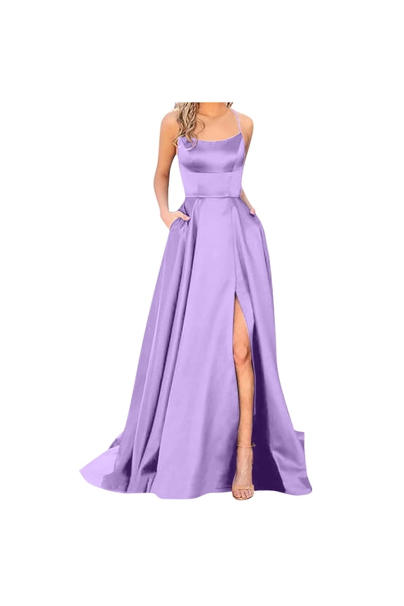 Women's Satin Prom Dresses High Slit Backless Long Ball Gown Spaghetti Straps Formal Evening Dress for Wedding