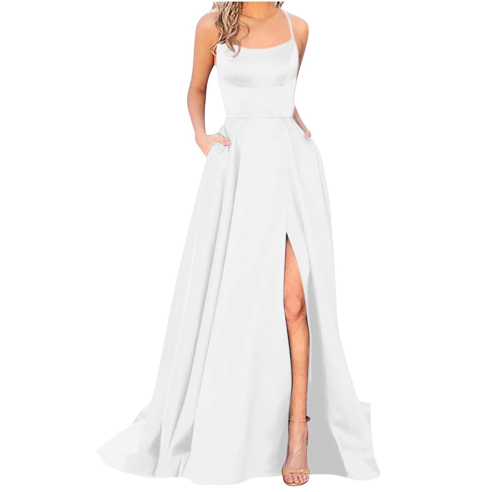 Elegant High-Slit Satin Long Prom Dress Formal Evening Dress Y8451