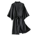 thumbnail image 1 of Mnyycxen Women's Silky Satin Midi Robe Bell Sleeves Sexy Deep V Neck Kimono Bathrobe Bride Bridesmaids Party Loungewear, 1 of 4