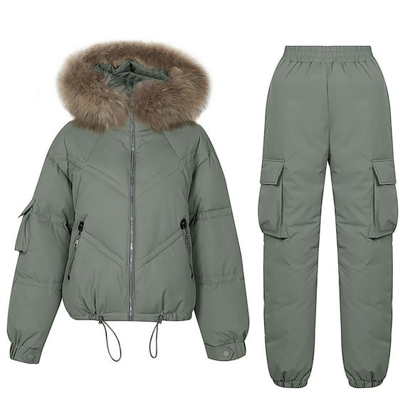 Mnyycxen Women's Thickened Down Jacket 2 Piece Warm Ski Snow Suits Zip Up Faux Fur Hooded Coat and Overalls Sets