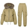 thumbnail image 1 of Mnyycxen Women's Thickened Down Jacket 2 Piece Warm Ski Snow Suits Zip Up Faux Fur Hooded Coat and Overalls Sets, 1 of 2