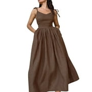 Mnyycxen Women's Tie Spaghetti Strap Bustier Midi Dresses Sleeveless Hollow Backless Sundress Flowy Pleated A Line Dress