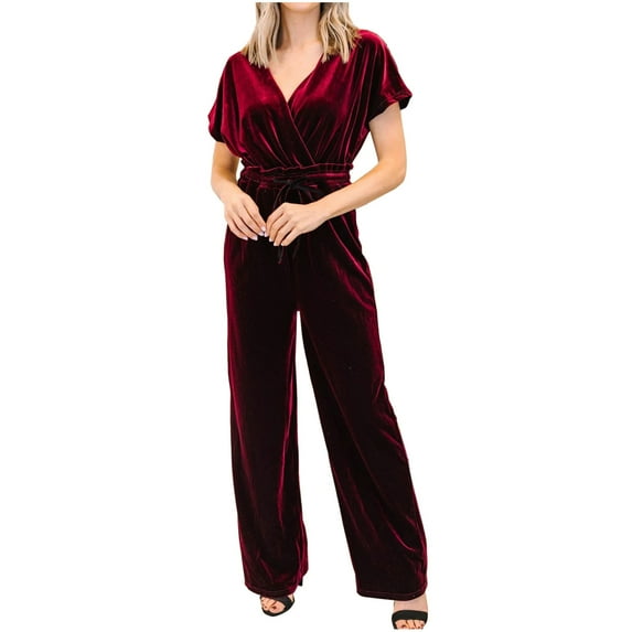 Mnyycxen Women's Velvet Formal Jumpsuit Short Sleeve V Neck Drawstring Romper Solid Color One Piece Playsuit