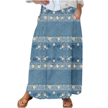 Mnyycxen Women's Vintage Graphic Denim Skirts Block Color Elastic High Waist Maxi Skirt A-line Skirt with Pockets