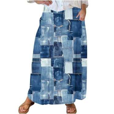 Mnyycxen Women's Vintage Graphic Denim Skirts Block Color Elastic High Waist Maxi Skirt A-line Skirt with Pockets